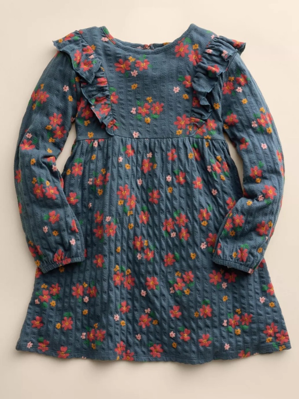 NWT Little Co Teal Floral Ruffle Knit Cotton Long-Sleeve Dress Size 3T